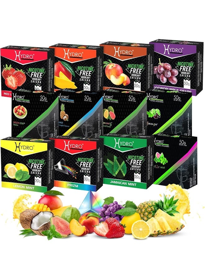 Hydro Hookah Flavors Shisha Variety Pack - 12 Nicotine Free 50g Packs Including Strawberry, Mango, Peach, Grape, Melon, Coconut, and More - Image 1
